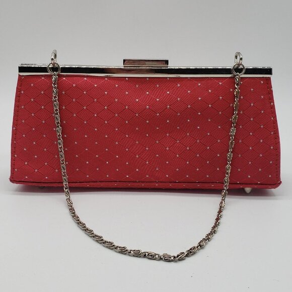 Red Faux Satin Silver Rhinestone Diamond Pattern Chain or Strap Handled Purse - Picture 12 of 12